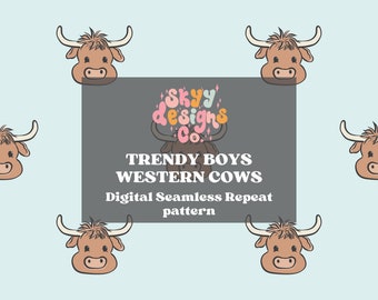Boys Western Cow Seamless Pattern, Kids Animals Pattern Paper Digital Download