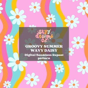 Groovy retro summer daisy waves seamless pattern for retro floral fabric sublimations
