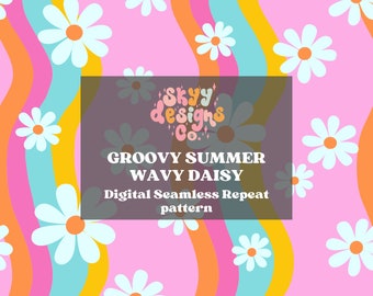 Groovy retro summer daisy waves seamless pattern for retro floral fabric sublimations
