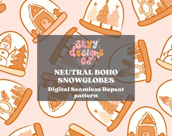 May include: A seamless pattern featuring neutral colored snow globes with various winter scenes. The snow globes are filled with illustrations of a gingerbread house, a snowman, a penguin, and a Christmas tree. The pattern is perfect for creating festive winter crafts and projects.