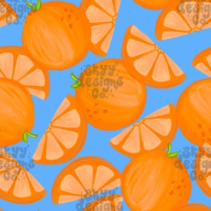 May include: A seamless pattern featuring orange slices and whole oranges on a light blue background. The oranges are drawn in a cartoon style with a textured appearance.