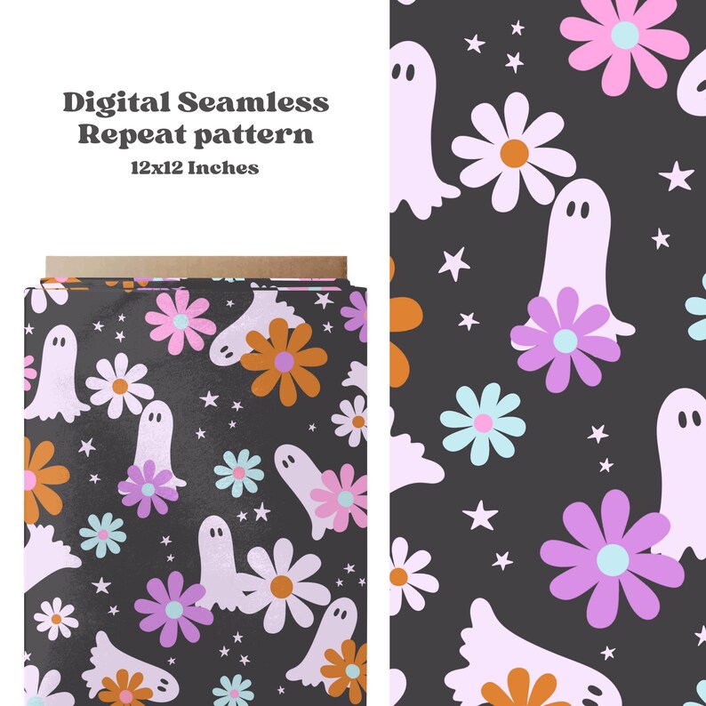 May include: A seamless repeat pattern featuring white ghosts and colorful flowers on a black background. The pattern is 12x12 inches.