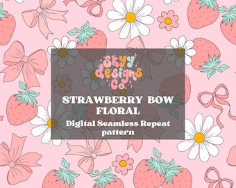 Retro Strawberry Floral Seamless Pattern for Spring and Summer, Girly Fruit Paper Digital Download