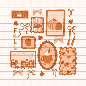 May include: An illustration with a fall theme, featuring pumpkins, pie, and a pumpkin spice latte. The word "FALL" is vertically displayed. Decorative bows and leaves are scattered throughout the design, all in shades of orange and brown.