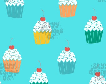 Bright Cupcakes Seamless Pattern for Birthdays, Gender Neutral Celebration Pattern Paper Digital Download