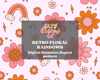 Helle Retro-Blumenregenbögen digitales nahtloses Muster für Stoffe und Tapeten, helle trendige Regenbögen digitaler Download-Wiederholungsmuster