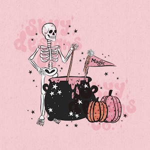 May include: A skeleton wearing a pink background stirs a black cauldron with a wooden spoon. The cauldron is filled with a pink liquid and has white stars on it. A pumpkin sits next to the cauldron. A pink flag with the word "Magic" is attached to the spoon.