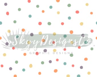 May include: A seamless pattern featuring colourful polka dots on a white background. The dots are in shades of yellow, orange, red, green, blue, and purple. The pattern is ideal for use in digital scrapbooking, card making, and other craft projects.