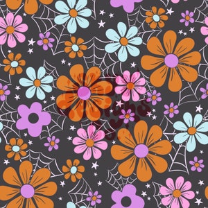 Retro Halloween floral digital file seamless pattern for fabrics and wallpapers, Halloween retro daisy floral pattern, spooky wallpaper