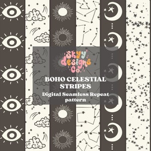 Fichier sans couture à la mode de rayures de soleil céleste et de lune de Boho, téléchargement numérique de modèle sans couture boho, modèle de répétition pour des tissus de boho