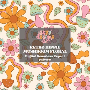 Retro hippie mushroom seamless repeat pattern, Retro seamless repeat patterns for fabrics