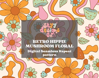 Puede incluir: Un patrón sin costuras con setas y flores de estilo hippie retro en tonos de rosa, naranja, amarillo, verde y azul. El patrón está sobre un fondo crema e incluye el texto "Skyy designs Co."