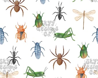 Watercolor Bugs Seamless Pattern, Spring Insects Pattern Paper Digital Download