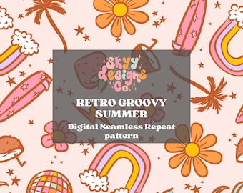 Retro Groovy Summer Seamless Pattern, Preppy Surfing Pattern Paper Digital Download