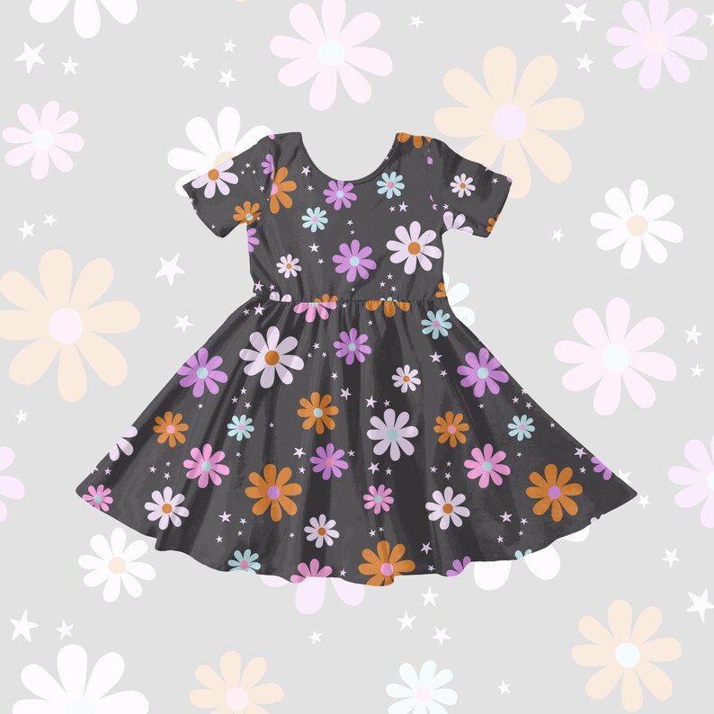 May include: A black dress with a floral print of pink, purple, and orange flowers. The dress has short sleeves and a flared skirt.