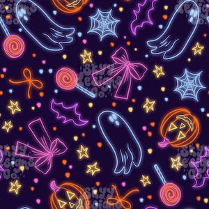 Modèle sans couture preppy néon fantômes pour Halloween, papier à motif fantasmagorique lumineux en téléchargement numérique