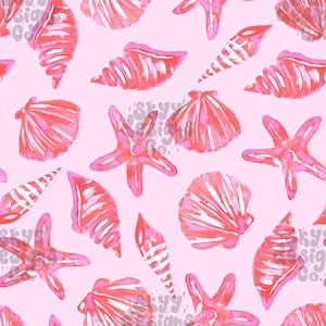 Diseño de patrón sin costuras de conchas marinas rosas de acuarela para el verano, conchas de playa de papel digital, patrón tropical de acuarela, uso comercial