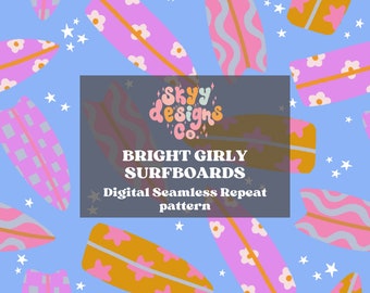 Bright summer surfboards digital seamless pattern for fabrics and wallpapers, Surfing seamless repeat patterns, Retro surfboards file