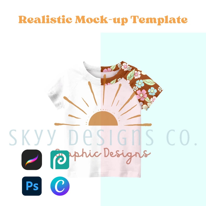 May include: Mockup template of a white t-shirt with a sun graphic and the text "Sky Designs Co." and a brown t-shirt with a floral pattern. The image includes the text "Graphic Designs" and icons for Adobe Photoshop, Adobe Illustrator, and Procreate.