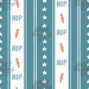 May include: A repeating pattern featuring vertical stripes in teal and white, interspersed with white stars and the word "HOP" in teal. Orange carrots with green tops are also featured in the design. This pattern is suitable for Easter-themed products.