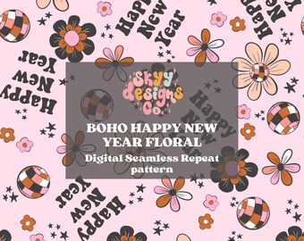 Boho gelukkig nieuwjaar naadloos patroon, discopapier met bloemenpatroon voor stoffen digitale download