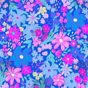 Puede incluir: Un vibrante estampado floral con una densa disposición de flores estilizadas en tonos de azul, rosa y amarillo sobre un fondo azul profundo. El diseño incluye varias formas y tamaños de flores, con follaje verde y verde azulado.