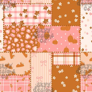 May include: A patchwork pattern featuring various squares with autumn-themed designs including brown maple leaves on pink gingham, white flowers on a brown background, orange pumpkins on a pink polka dot field, and pumpkin pie slices on peach.