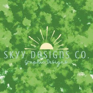 May include: Green watercolor background with a white sun and rays. The text "Skyy Designs Co. Graphic Designs" is below the sun.