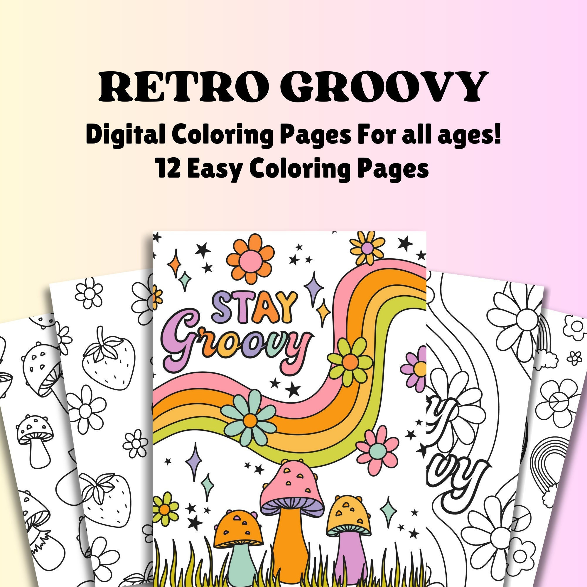 Retro Groovy Coloring Pages for Adults, 12 Color Pages Digital Download ...