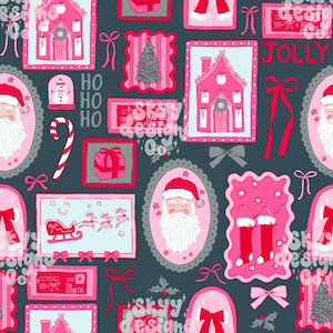 Könnte beinhalten: Ein sich wiederholendes Weihnachtsmuster mit rosa, roten und grauen Illustrationen auf dunkelblauem Hintergrund. Das Design umfasst den Weihnachtsmann, Geschenkboxen, Strümpfe, Häuser, Schleifen und das Wort „JOLLY“.