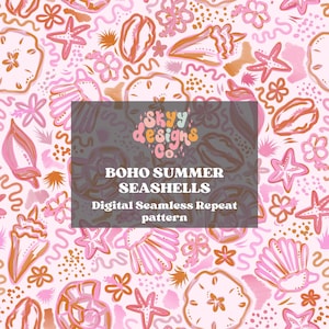 Modny boho muszla bezszwowy wzór na lato, Boho lato bezszwowy wzór na tkaninę do pobrania cyfrowego, Powtarzalny wzór na letnią tkaninę