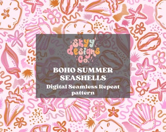 Trendiges Boho-Muschel-Nahtloses Muster für den Sommer, Boho-Sommer-Nahtloses Muster für Stoff Digitaler Download, Wiederholungsmuster für Sommerstoff