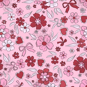 Preppy coquette bows seamless pattern design for Valentine's day, Valentine Digital paper instant download, Valentine floral hearts