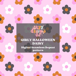 Retro Halloween floral digital file seamless pattern for fabrics and wallpapers, Halloween retro daisy floral pattern, spooky wallpaper