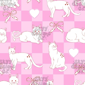 Modèle sans couture de chats et de coeurs coquette pour la Saint-Valentin, chats en papier numérique, fichier de chats à carreaux, usage commercial, fichier de répétition