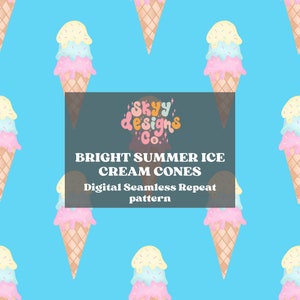 May include: A seamless pattern featuring colourful ice cream cones with sprinkles on a light blue background. The text "Skyy Designs Co." is in the centre of the pattern.
