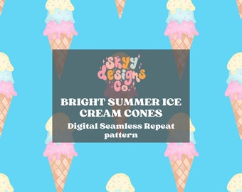 Girly Summer Ice Cream Cones, digitales nahtloses Muster für Stoffe, digitaler Download-Eiscreme-Muster, digitale Papierdatei für Kinderstoffe