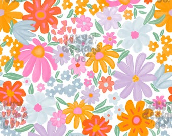 Watercolor Bright Floral Seamless Pattern for Spring, Vibrant Flowers Pattern Paper Digital Download