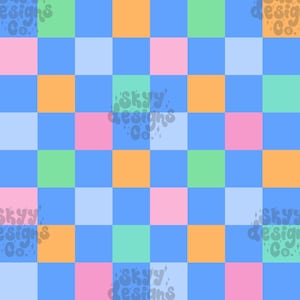 May include: A seamless pattern featuring a checkered design with alternating squares of light blue, light green, light pink, and orange.