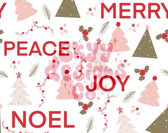 May include: A seamless pattern featuring pink and green Christmas trees, red holly berries, red stars, and red text that says "Merry", "Peace", "Joy", and "Noel".