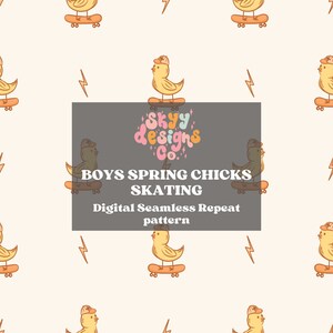 Retro Boys Spring Chicks digital seamless pattern for fabrics, Boy Spring repeat pattern paper, Skateboarding digital Download Boys Easter