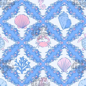 May include: A repeating pattern featuring sea life elements. Pink seashells, crabs, and seahorses are set against a light blue background with a diamond lattice design. The pattern includes coral and starfish.