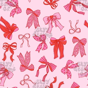 Könnte beinhalten: Ein nahtloses Muster mit rosa und roten Schleifen in verschiedenen Stilen und Designs auf einem hellrosa Hintergrund. Die Schleifen sind im Cartoon-Stil gezeichnet und haben einen verspielten Charakter.