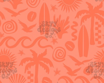 Bright Beach Seamless Pattern for Summer, Monochrome Boys Tropical Pattern Paper Digital Download