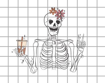 Herbst Skelett Frieden Kaffee PNG, Gruselige Schädel T-Shirt Design Digital Download