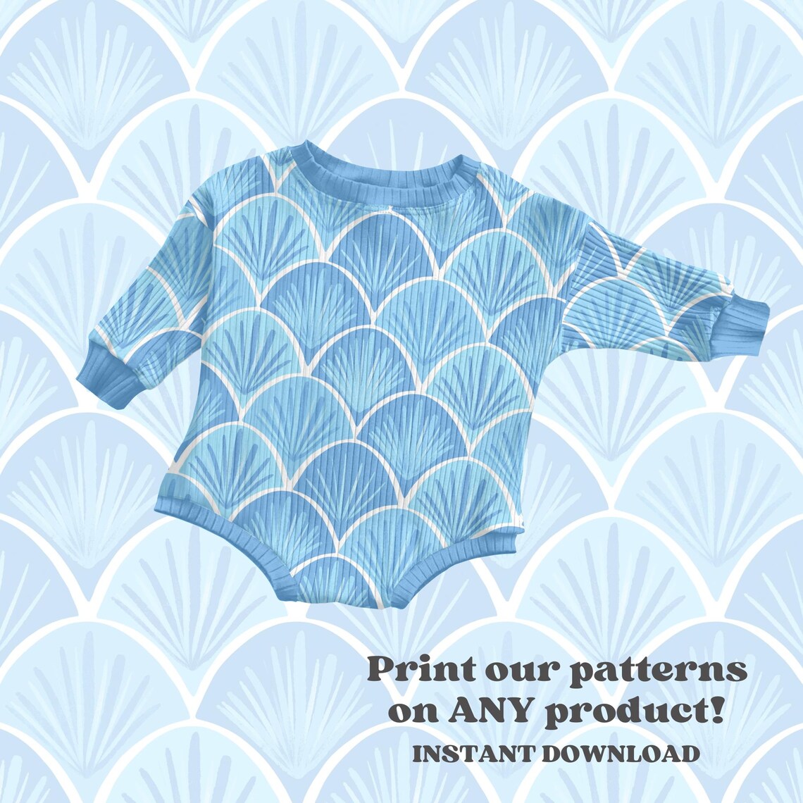 Blue Watercolor Scallops Seamless Pattern for Summer, Mermaid Scale ...