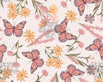 May include: A seamless pattern featuring pink butterflies and yellow and pink flowers on a light pink background.