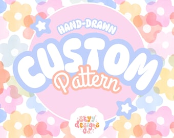 May include: A repeating pattern of watercolor-style flowers in pastel pink, yellow, and blue. A large pink circle in the center features the white text HAND-DRAWN CUSTOM Pattern, with a small white scalloped badge below reading Skyy designs Co.
