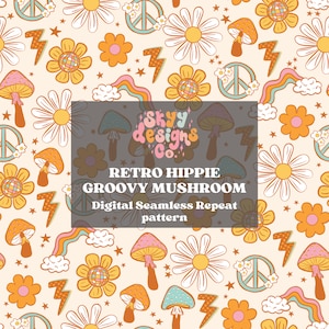 Retro hippie mushroom seamless repeat pattern, Retro seamless repeat patterns for fabrics