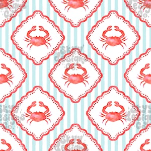 May include: A repeating pattern featuring watercolor crabs in red, set within white diamond-shaped frames with red dotted borders. The background has vertical stripes in light blue and white, creating a nautical theme.